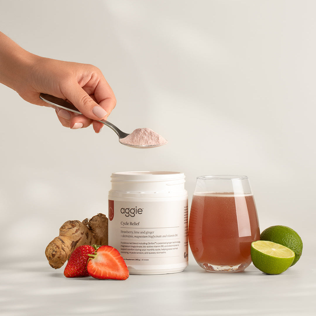 Cycle Relief is thoughtfully formulated with scientifically informed nutrients to help maintain comfort throughout your monthly cycle, supporting normal PMS-related cramping sensations, sensitivity and queasy stomachs.
A science-led blend including Ginfort®’s patented ginger technology, magnesium bisglycinate, bio-active vitamin B6, and electrolytes ease normal cramping, muscle tension, and queasy stomachs.